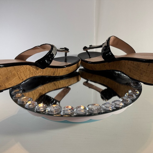 TARYN ROSE, 🌹 Elegant Black and Tan Wedge Shoes with Ornate Metal Buckle EUC - Picture 5 of 13